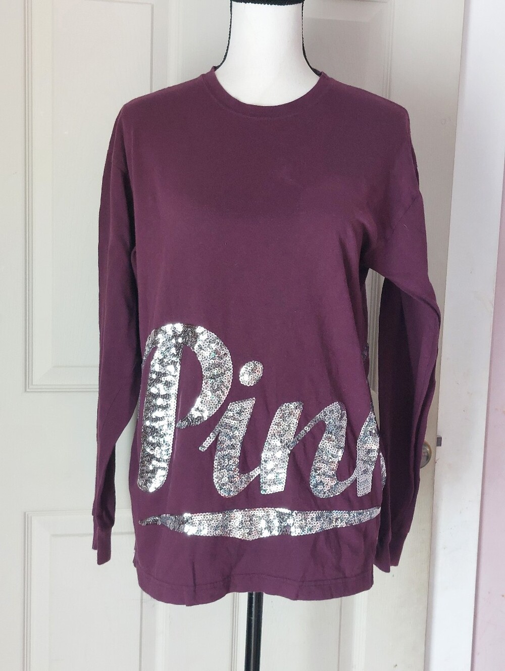 Victoria Secret PINK Sequined Spellout Dark Burgundy Long Sleeve Shirt Size XS